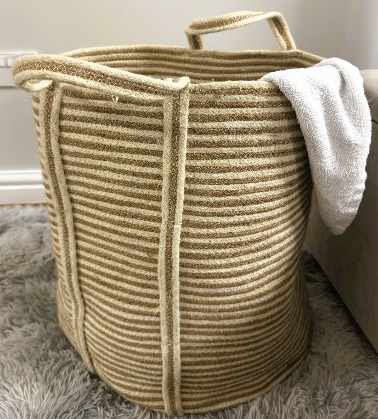 Golden Striped Jute Laundry Basket - Just Jute