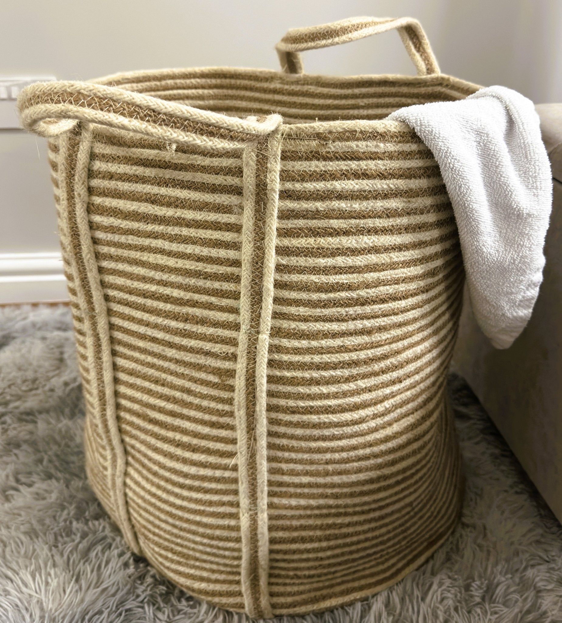 Golden Striped Jute Laundry Basket - Just Jute