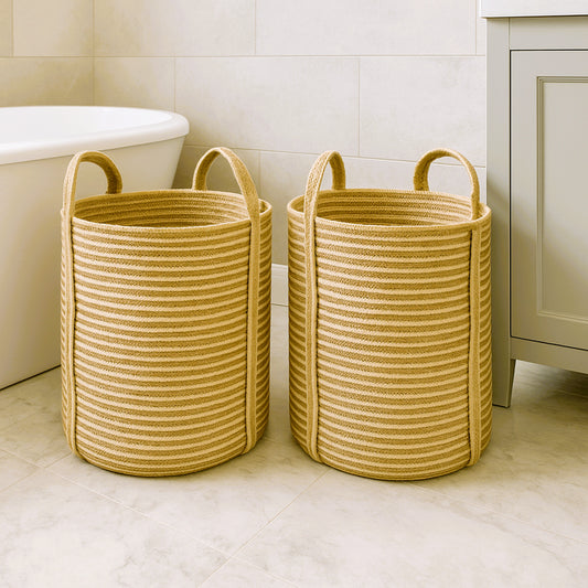 Natural Jute Drawstring Striped Laundry Basket