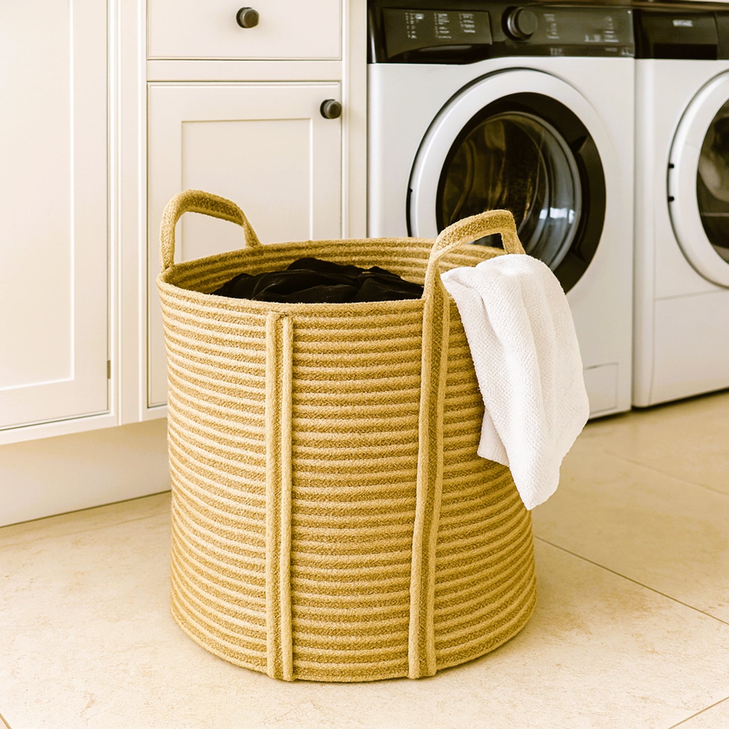 Natural Jute Drawstring Striped Laundry Basket
