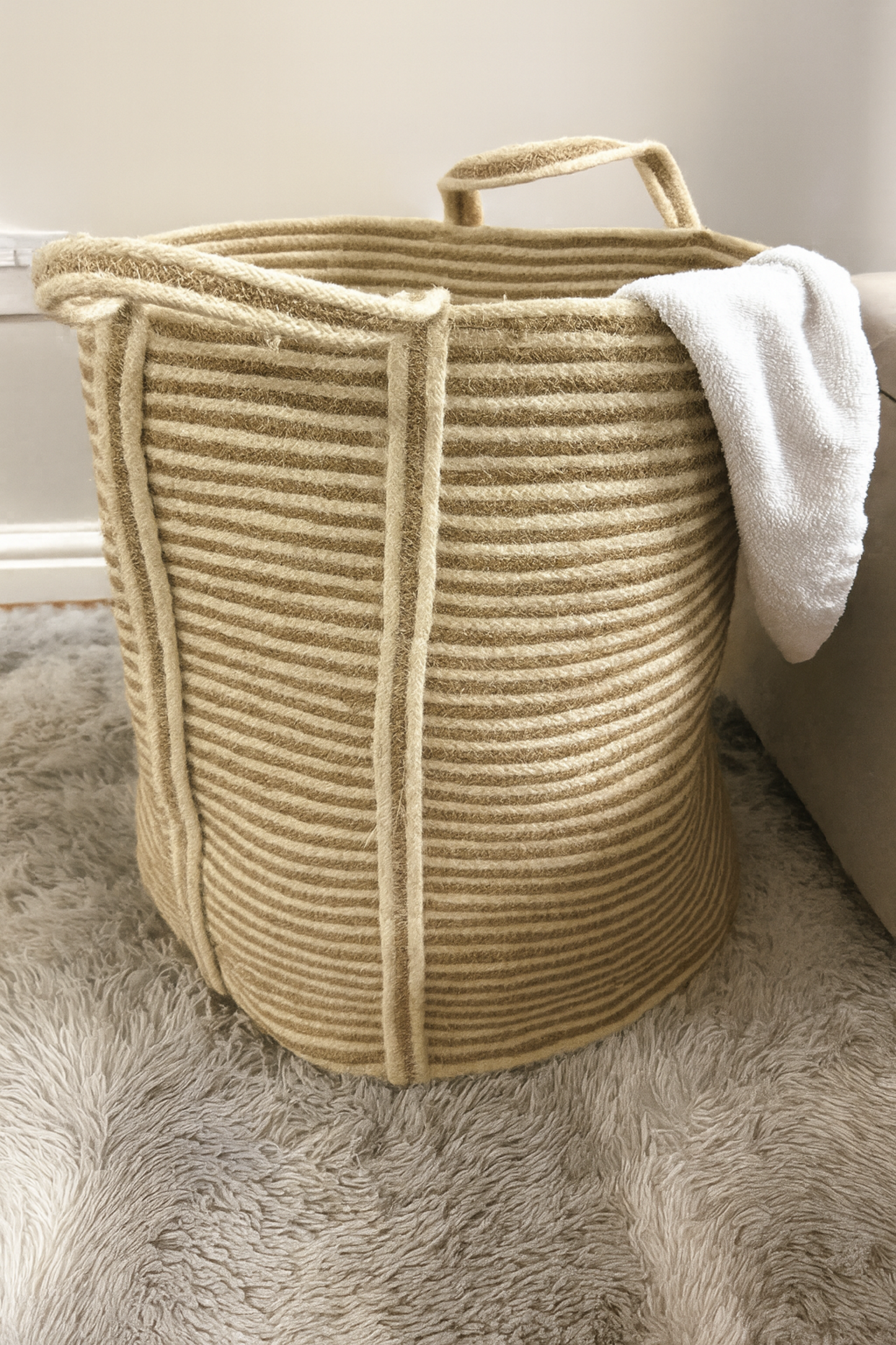 Golden Striped Jute Laundry Basket